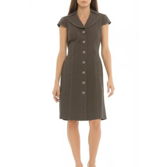 Tahari Arthur S Levine Dress Size 2 Dark Brown Khaki Collared Utility Workwear - Picture 1 of 7